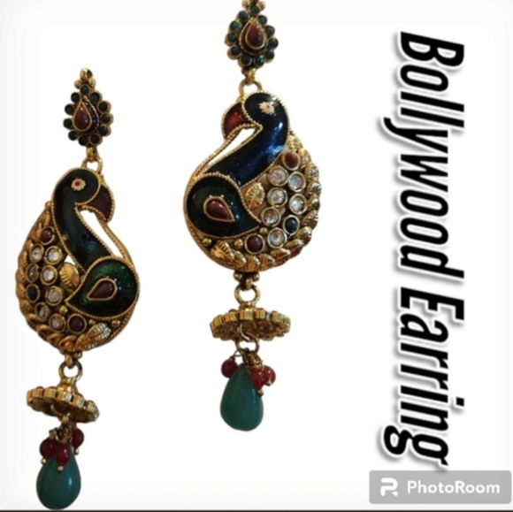 Bollywood Hand Painted Indian Statement Gold and Green Peacock  Earrings - Picture 1 of 11
